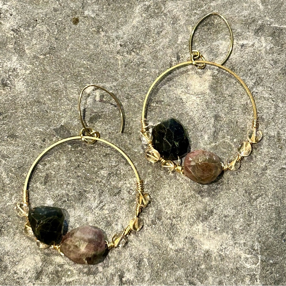 Gorgeous Tourmaline and Brass Hoop Earrings.